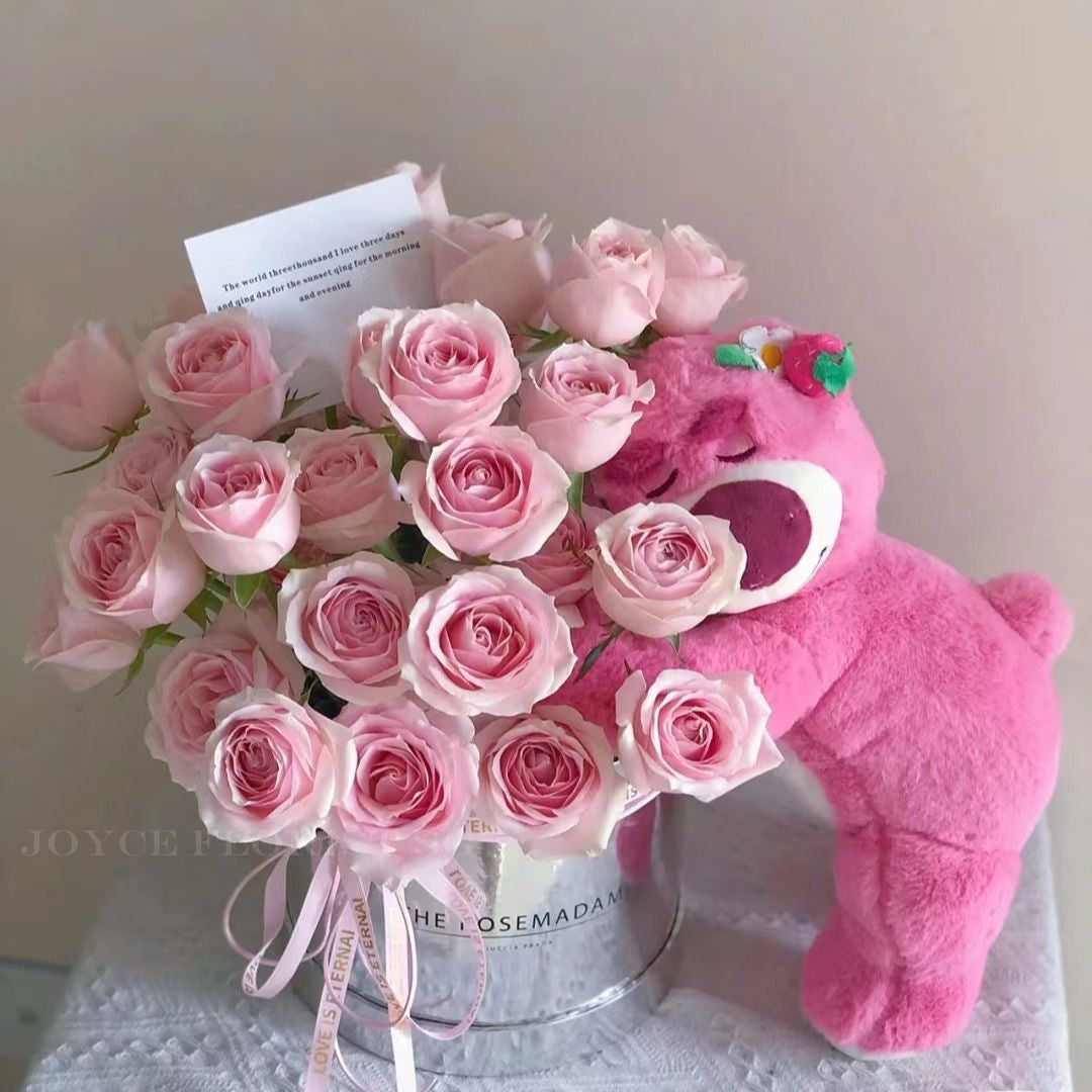 Flower Blooming Box - 21 Pink Rose & Bear