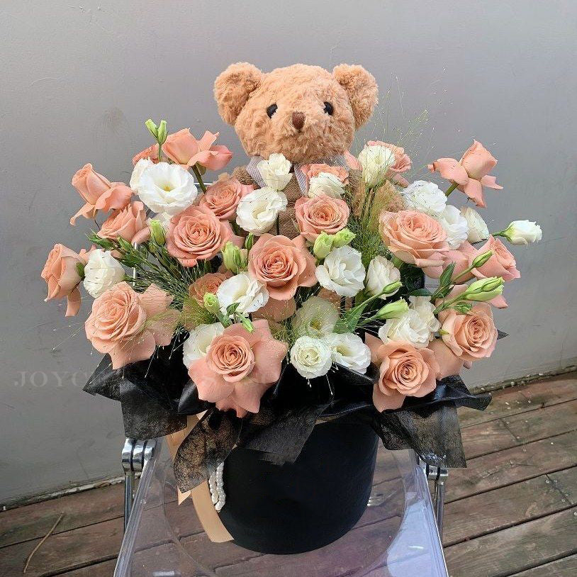 Flower Blooming Box - Cappuccino Rose & Bear
