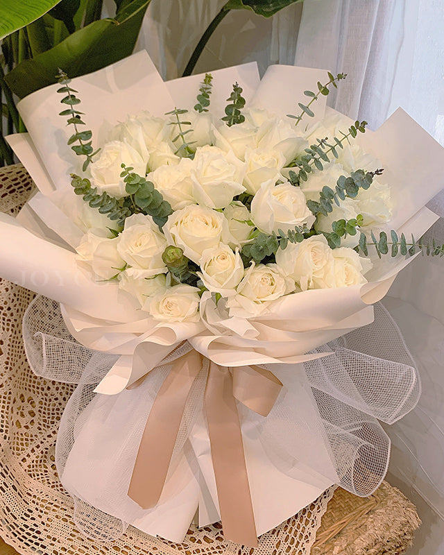 Rose Flower Bouquet - 33 White Rose & Eucalyptus