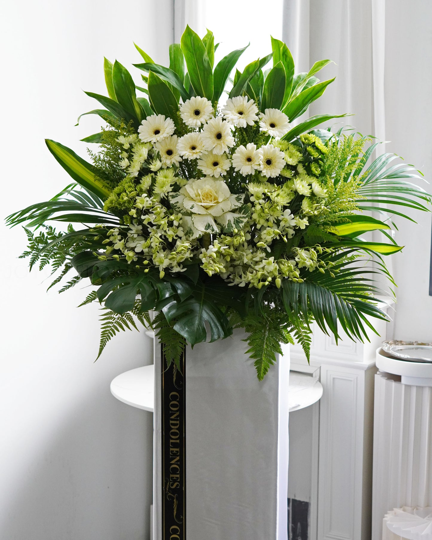 Condolence Flower Stand | Sympathy & Funeral Flowers | White Orchid, Brassica & Gerbera