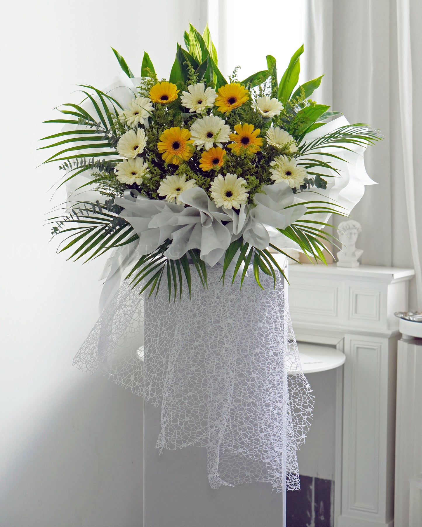 Condolence Flower Stand | Sympathy & Funeral Flowers | White & Yellow Gerbera