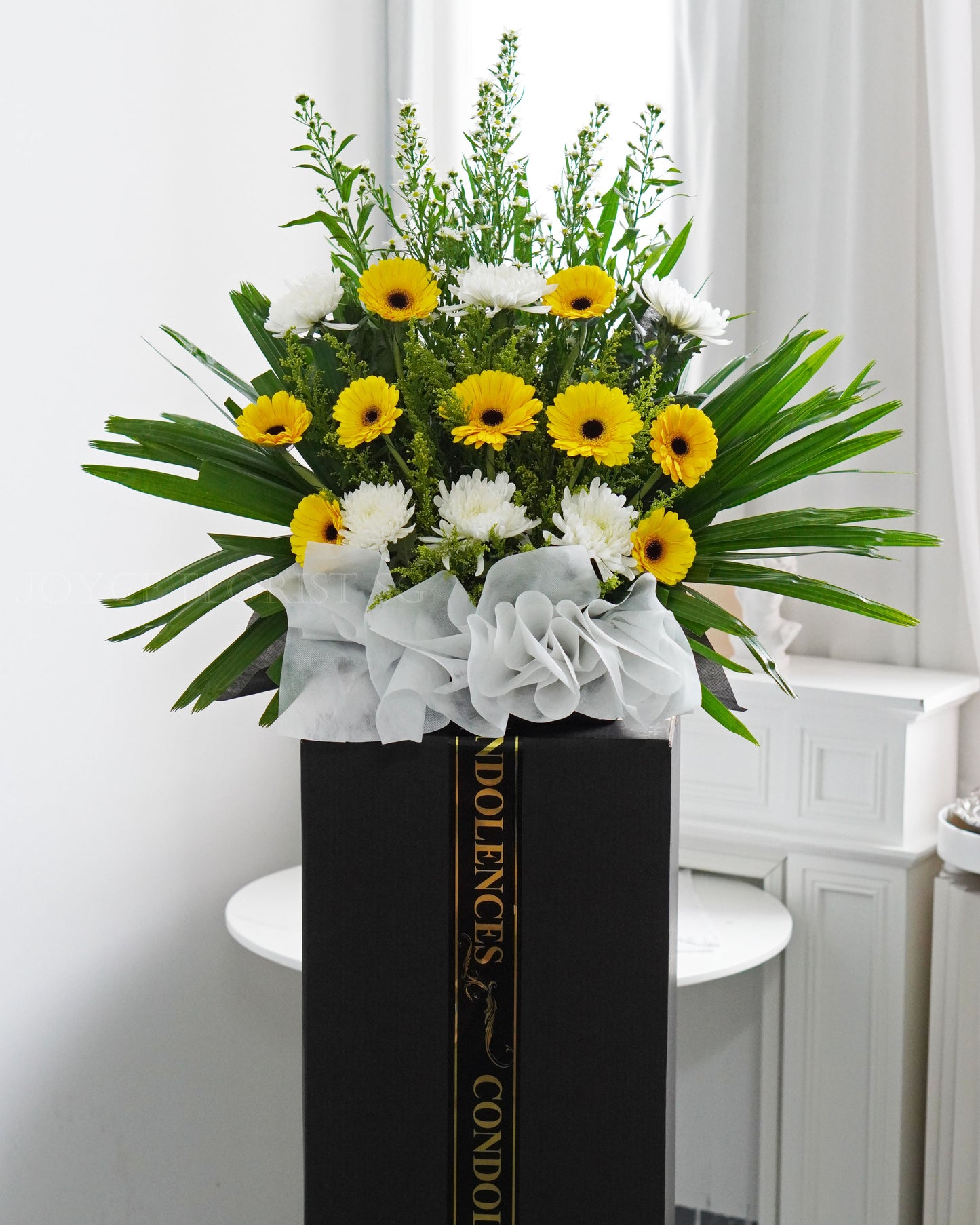 Condolence Flower Stand | Sympathy & Funeral Flowers | Yellow Gerbera & White Chrysanthemum