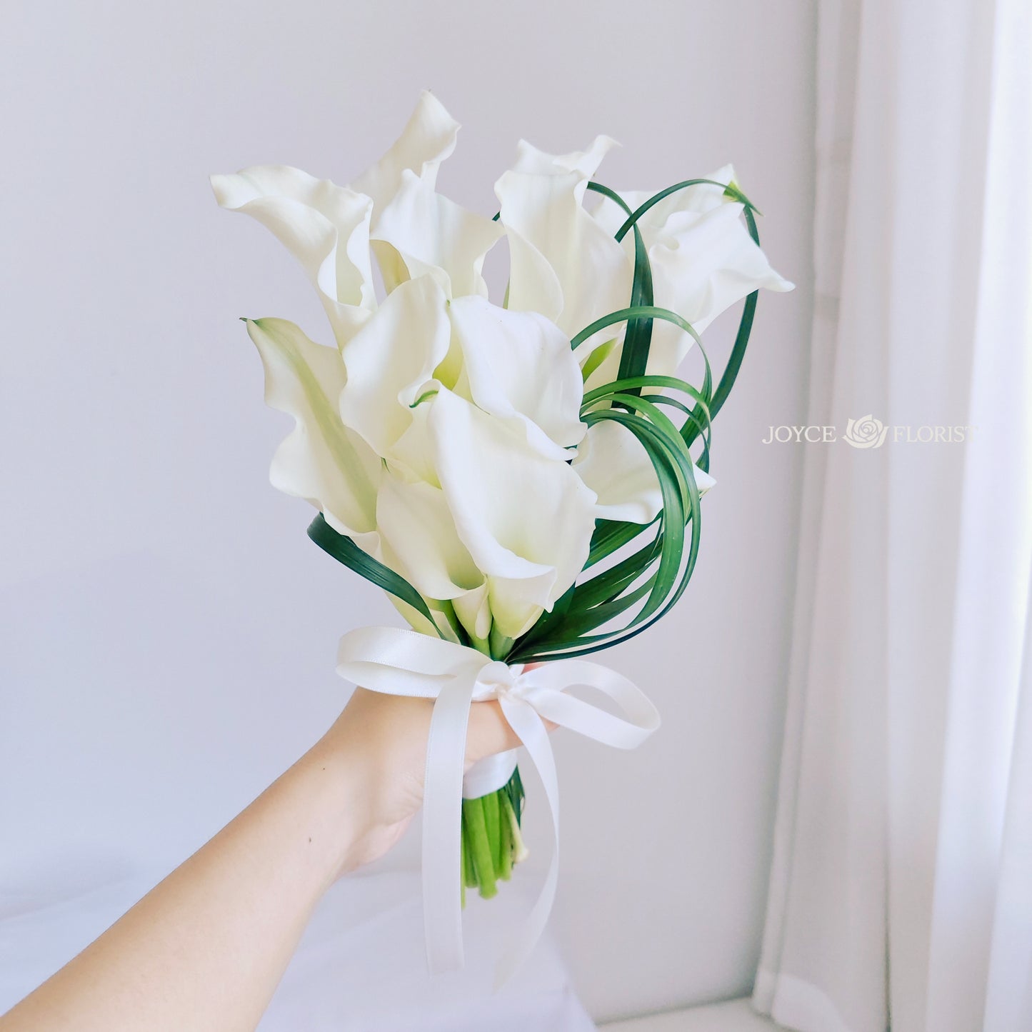 Fresh Calla Lily & Bear Grass Bridal Bouquet - Hand-Tied White Wedding Flowers