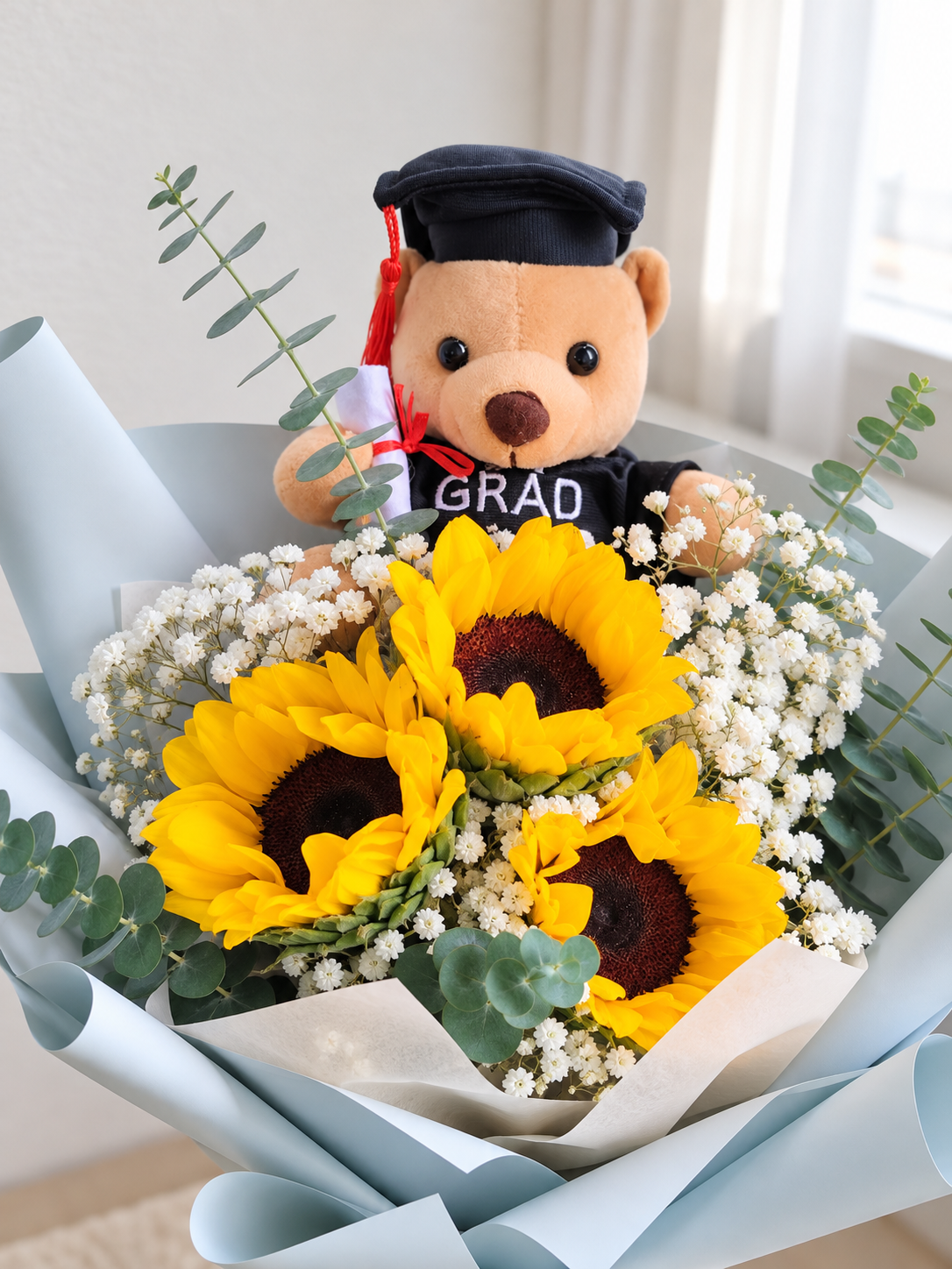 Graduation Bouquet - 3 Sunflower with Graduation Bear