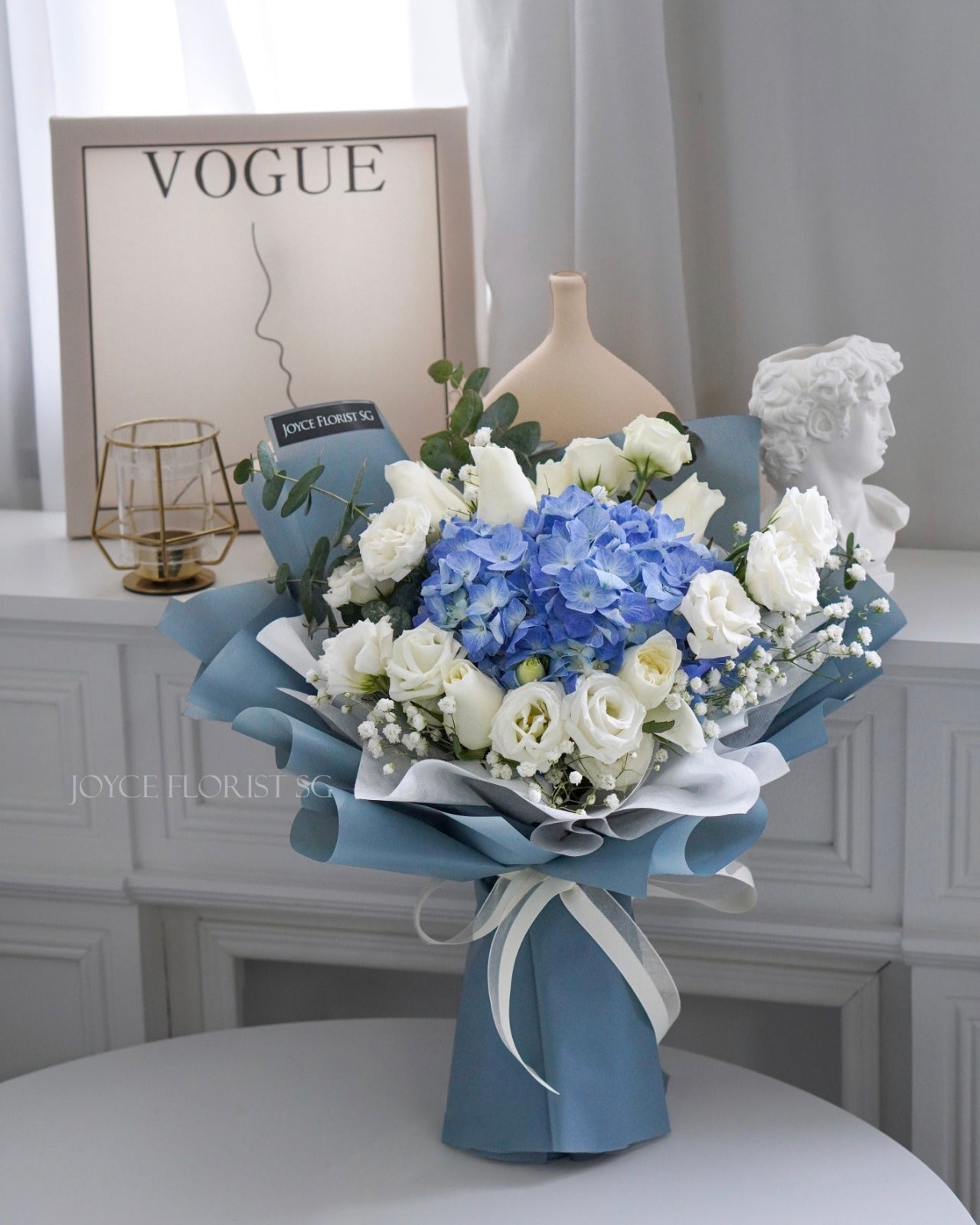 Blue Hydrangea & White Rose Bouquet