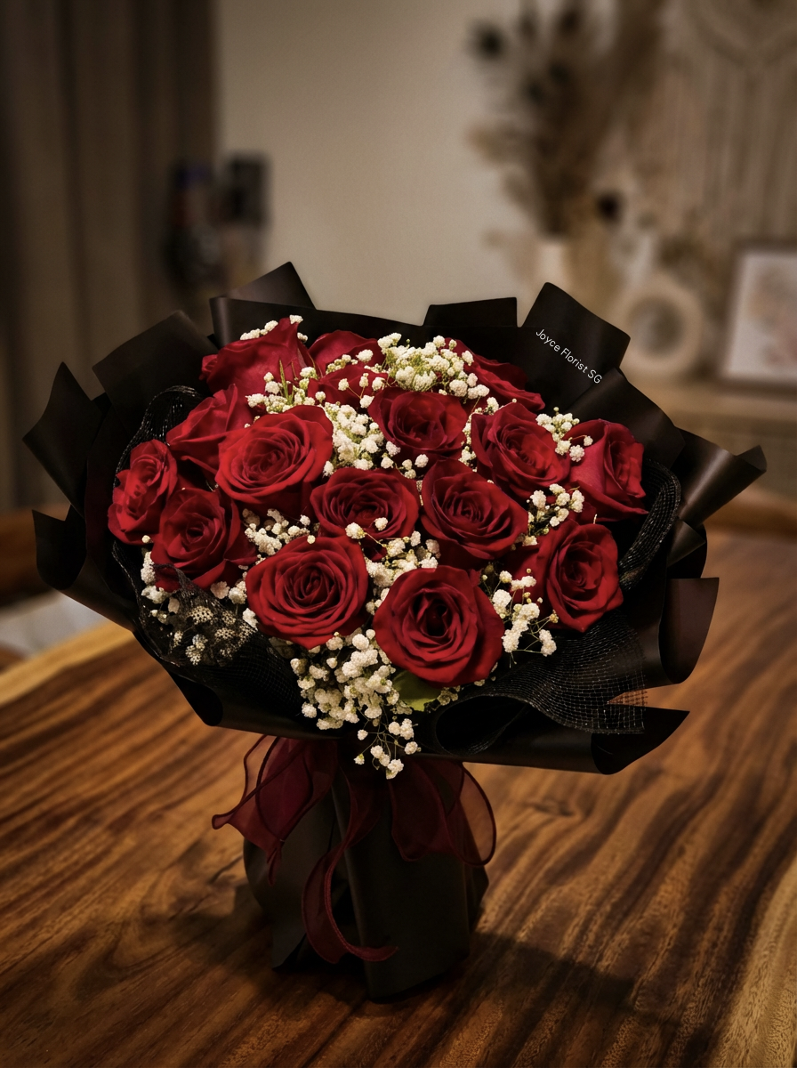 Valentine's Day Rose Flower Bouquet - 18 Red Rose & Baby Breaths
