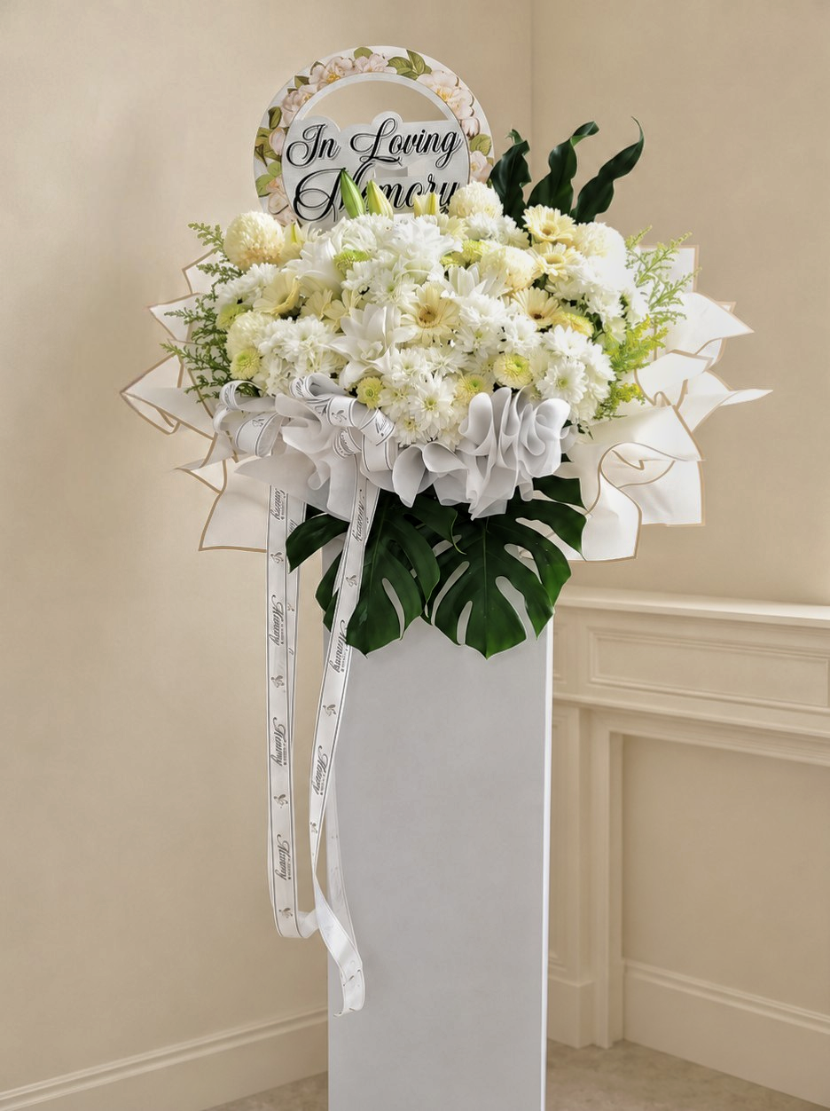 Condolence Flower Stand | Sympathy & Funeral Flowers | White Lilly with White Gerbera