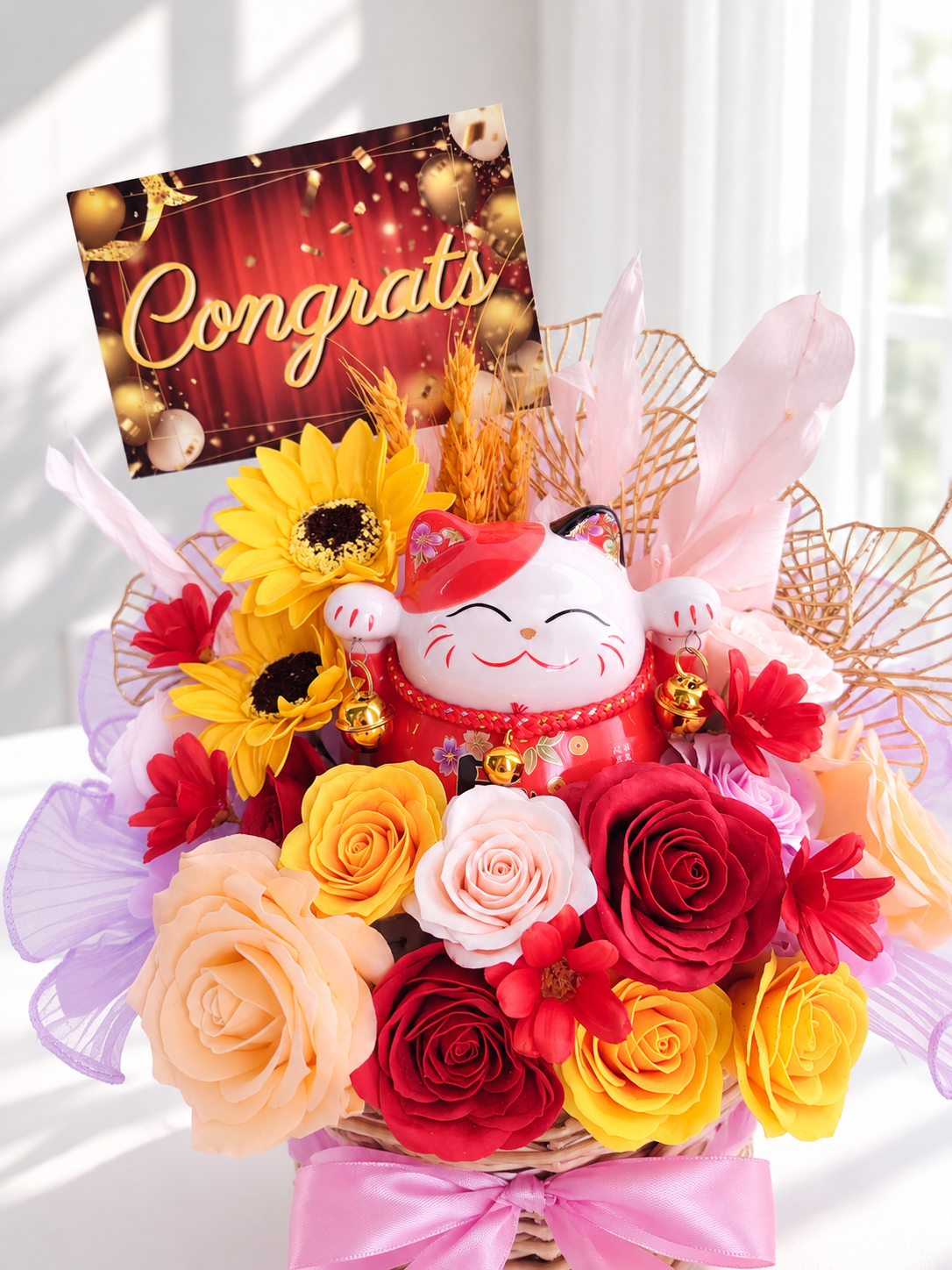 Prosperity Lucky Cat Opening Flower Basket - 招财猫 (Red)