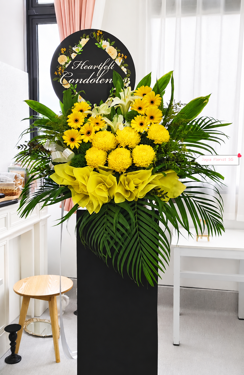 Condolence Flower Stand | Sympathy & Funeral Flowers | White Lily & Yellow Chrysanthemum