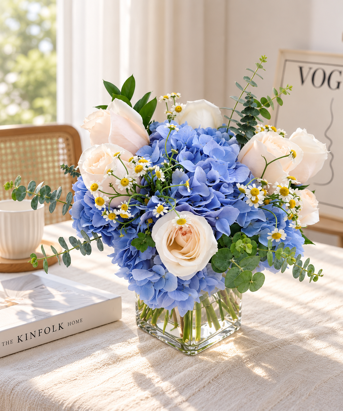 Blue Serenity - Hydrangea & Rose Vase Arrangement