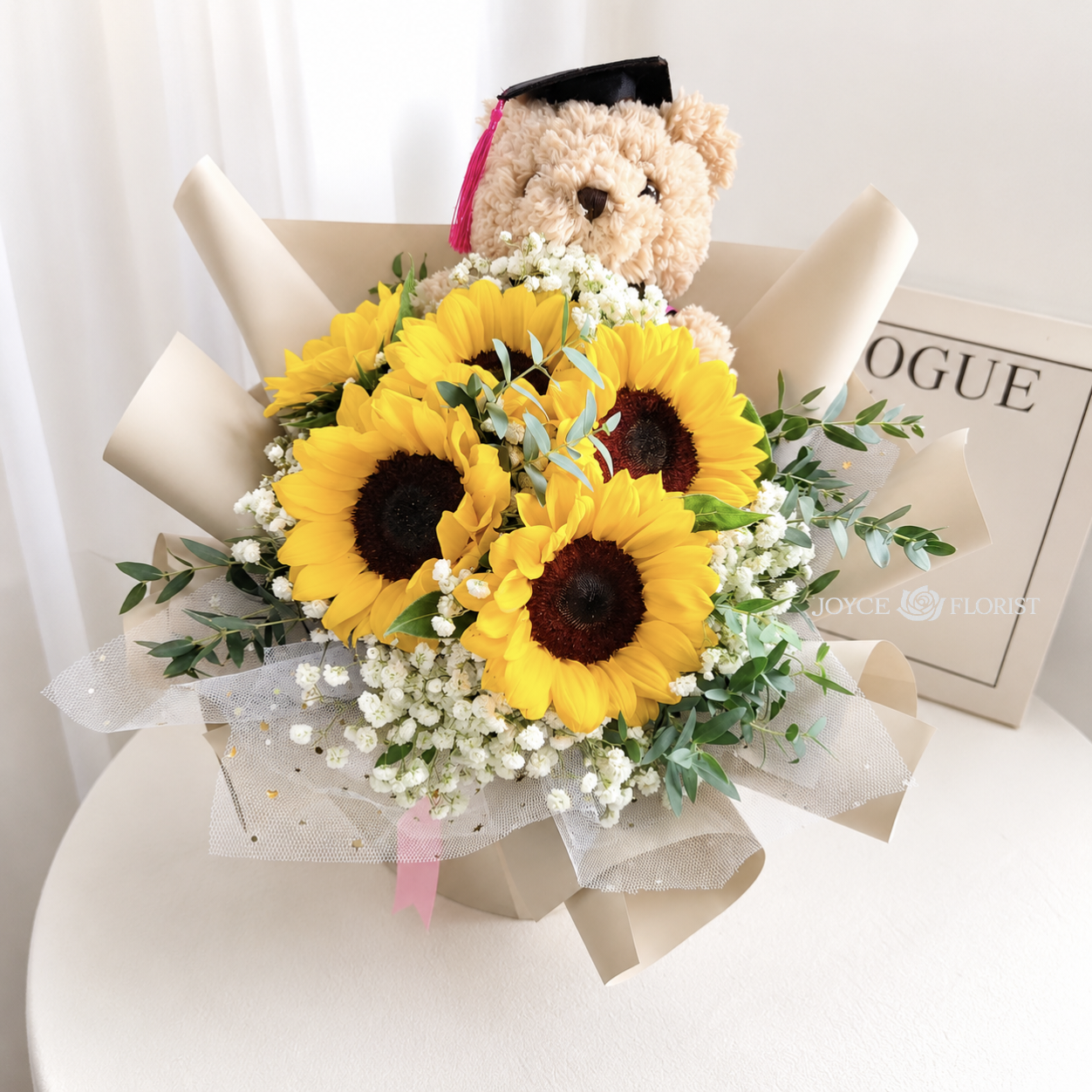 Graduation Teddy Bear Fresh Flower Bouquet - 5 Sunflower