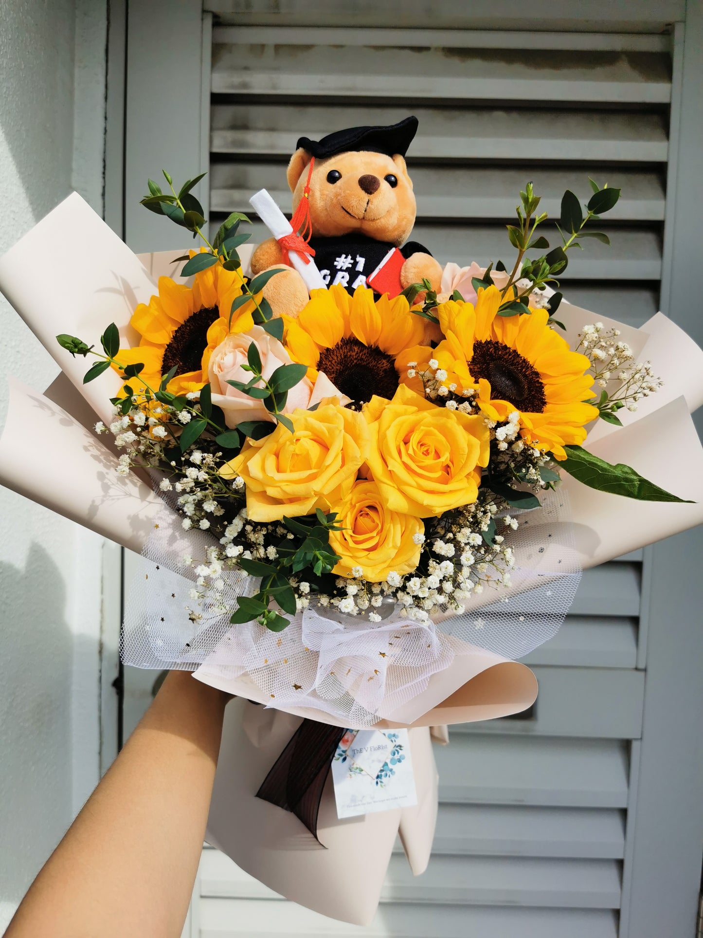 Sunflower Graduation Bouquet With Bear - Great Achievement