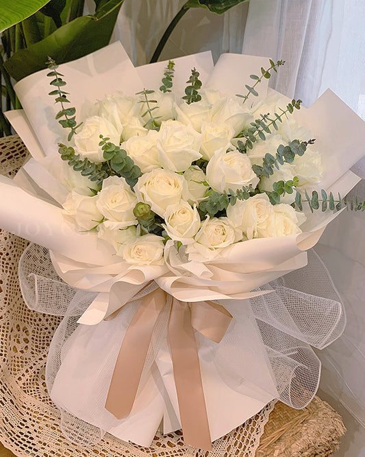 Rose Flower Bouquet - 33 White Rose & Eucalyptus