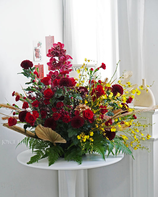 Red Rose With Cymbidium Orchid Basket Arrangement