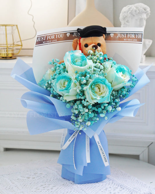 Graduation Bouquet With Bear - Blue Lagoon