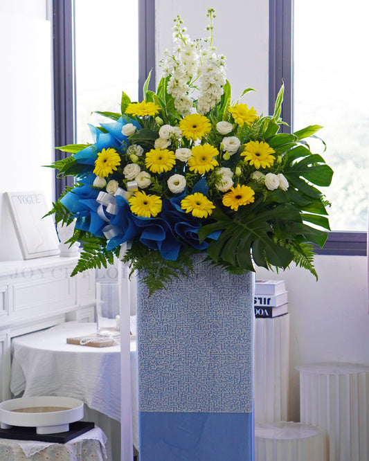 Condolence Flower Stand | Sympathy & Funeral Flowers | White Eustoma & Yellow Gerbera