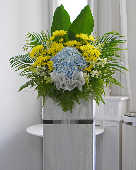 Condolence Flower Stand | Sympathy & Funeral Flowers | White Orchid & Blue Hydrangea