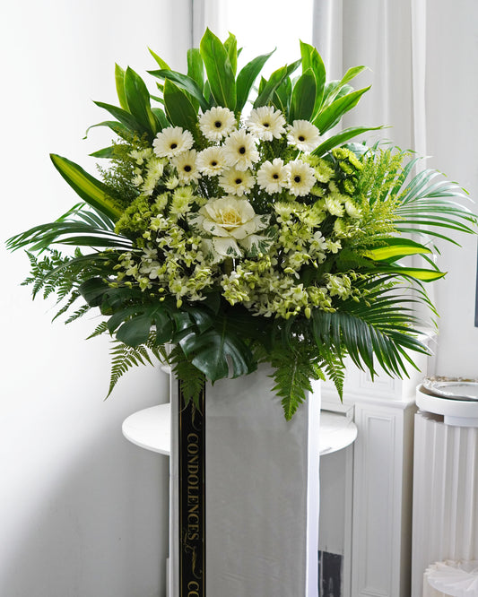 Condolence Flower Stand | Sympathy & Funeral Flowers | White Orchid, Brassica & Gerbera