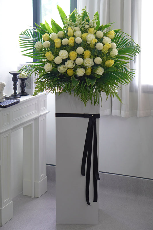 Condolence Flower Stand | Sympathy & Funeral Flowers | White & Yellow Rose, Chrysanthemum
