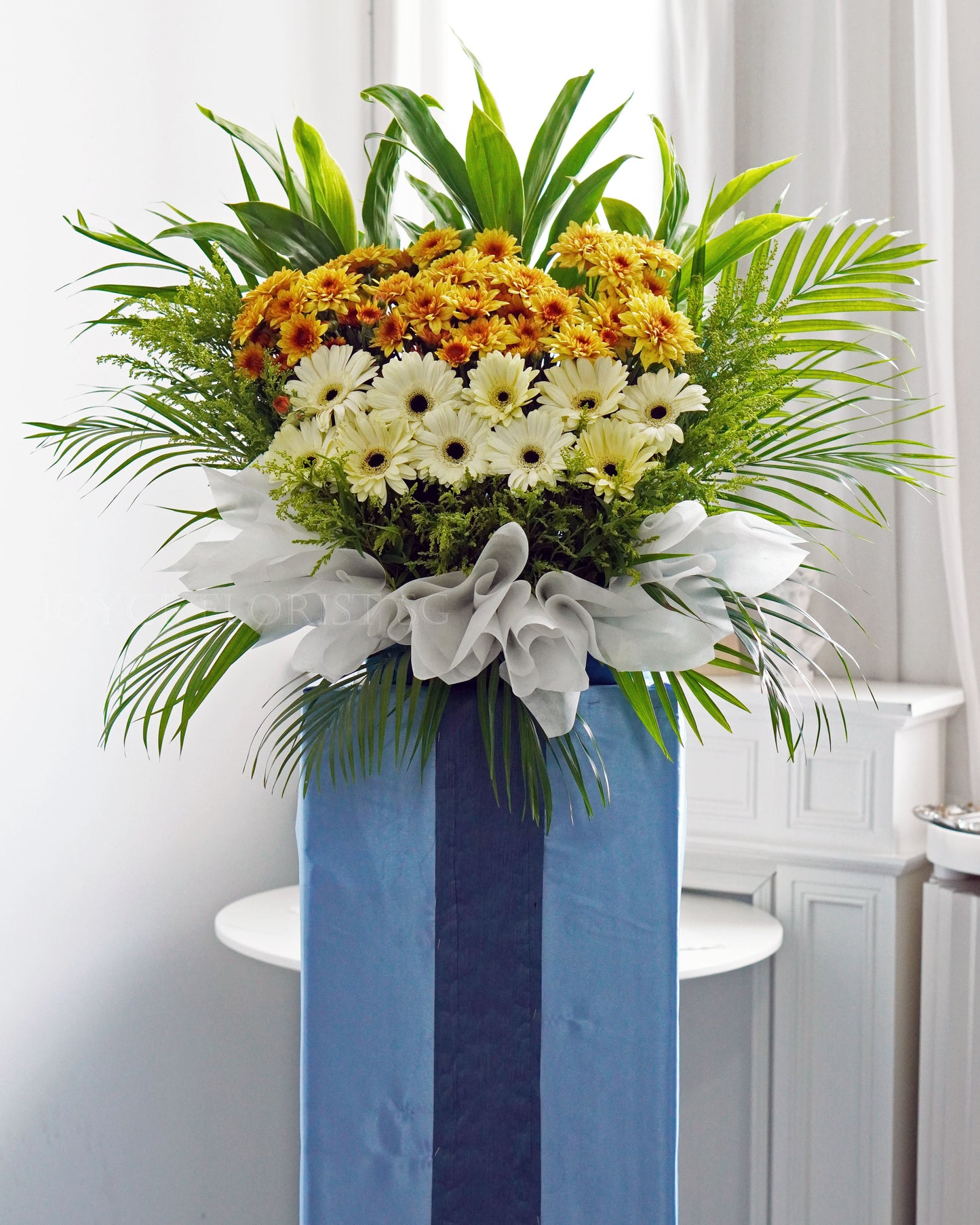 Condolence Flower Stand | Sympathy & Funeral Flowers | Yellow Chrysanthemum & White Gerbera