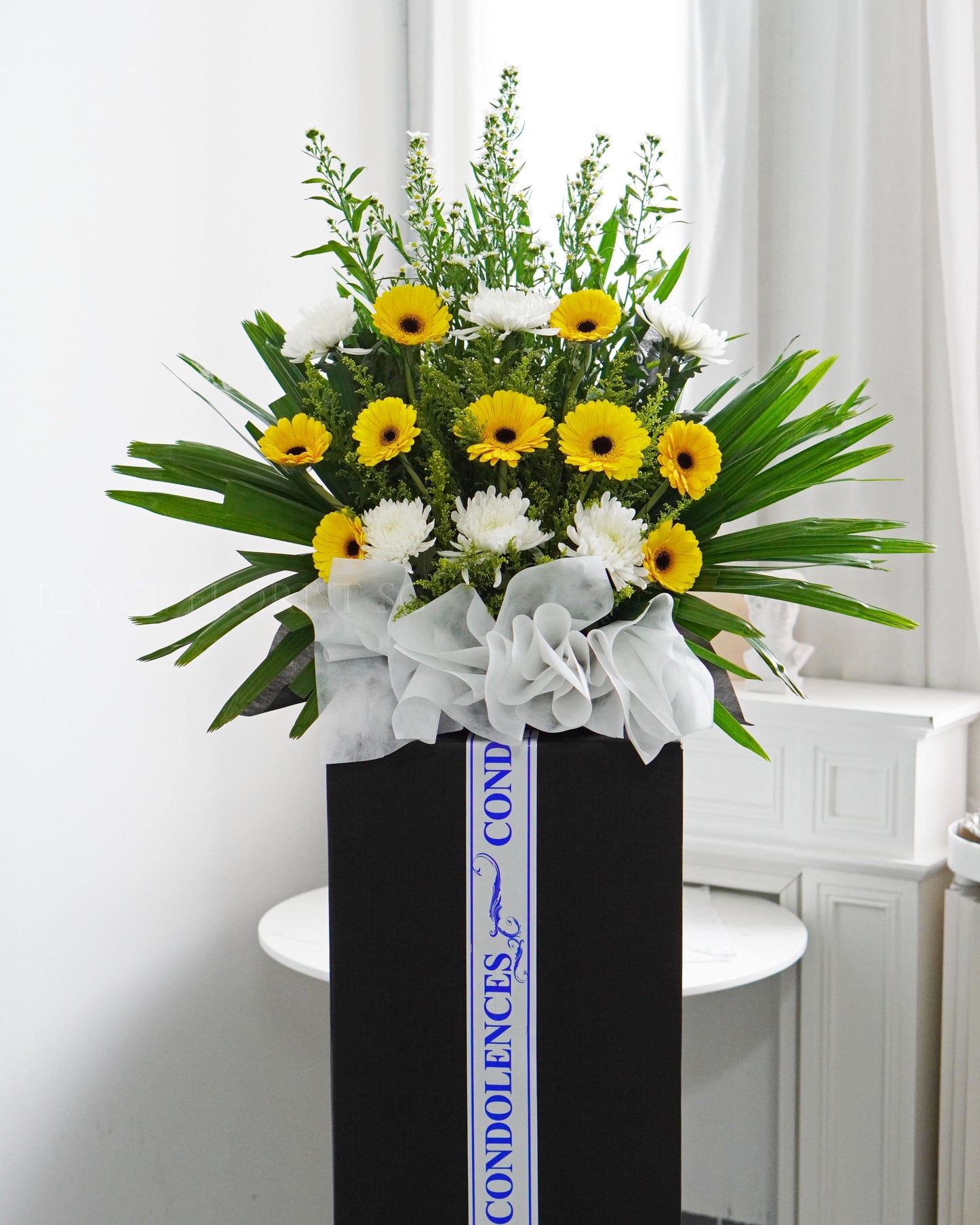 Condolence Flower Stand | Sympathy & Funeral Flowers | Yellow Gerbera & White Chrysanthemum