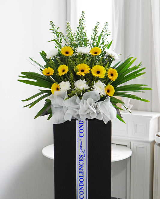 Condolence Flower Stand | Sympathy & Funeral Flowers | Yellow Gerbera & White Chrysanthemum