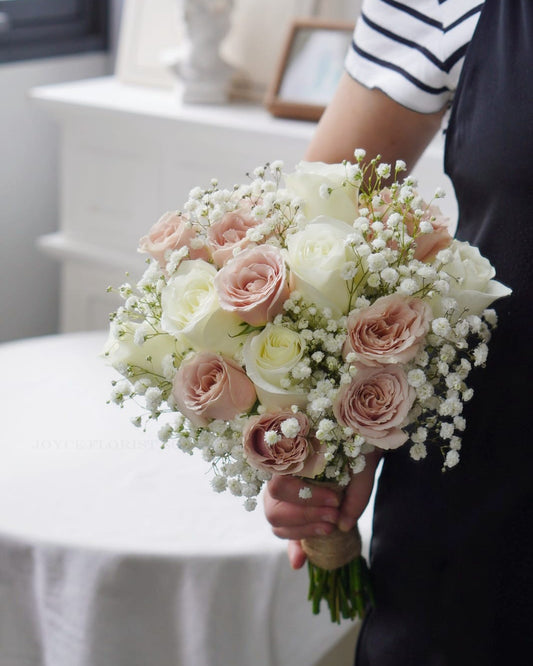Fresh Pink Rose & Baby's Breath Bridal Bouquet - Hand-Tied Wedding Flowers
