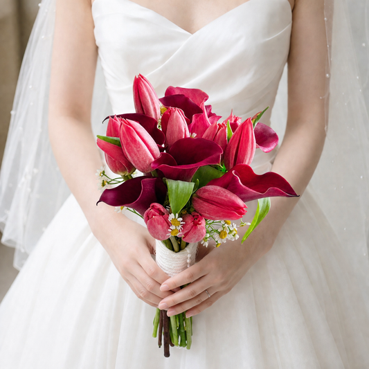 Fresh Red Calla Lily & Tulip Bridal Bouquet - Hand-Tied Wedding Flowers