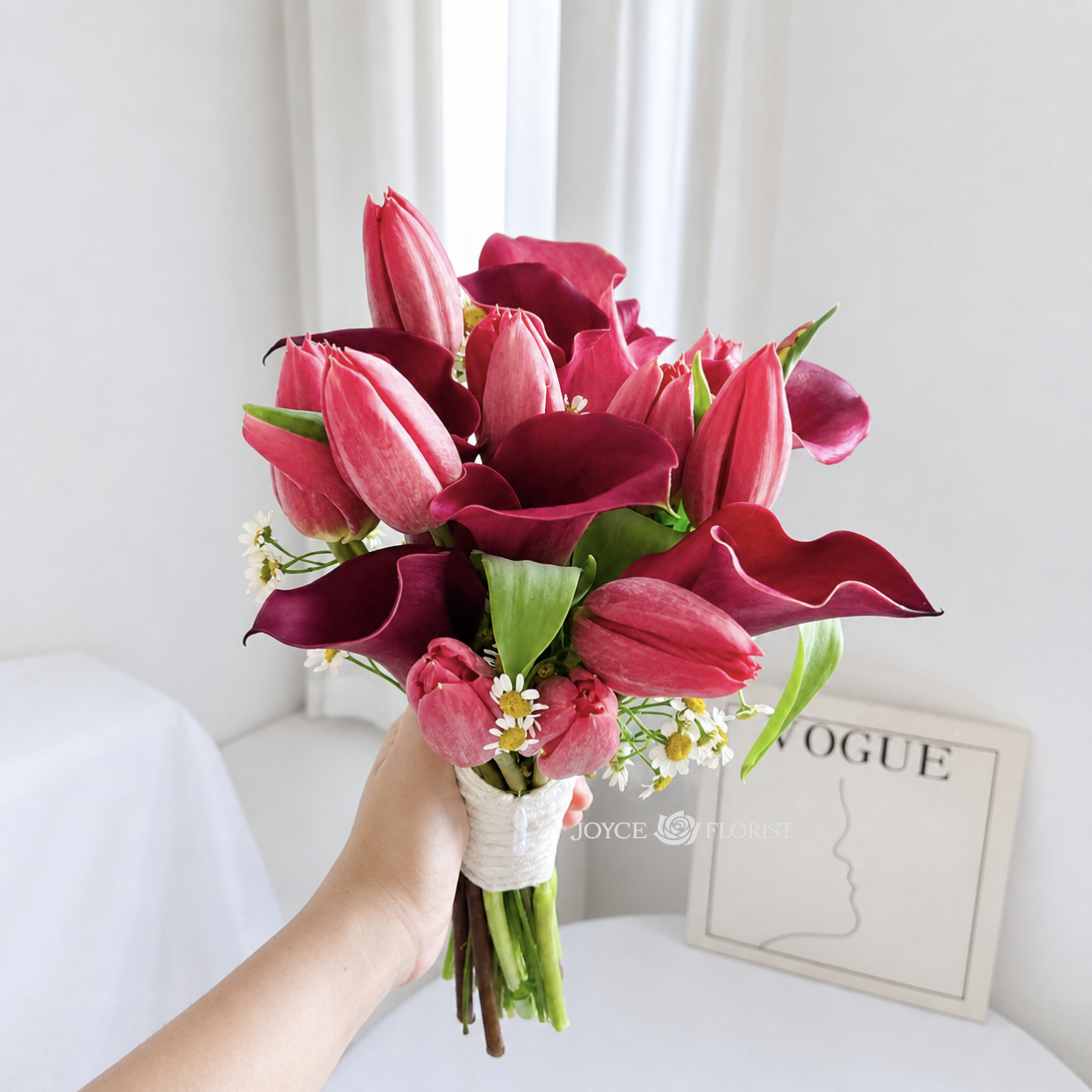 Fresh Calla Lily & Tulip Bridal Bouquet - Hand-Tied Red Wedding Flowers