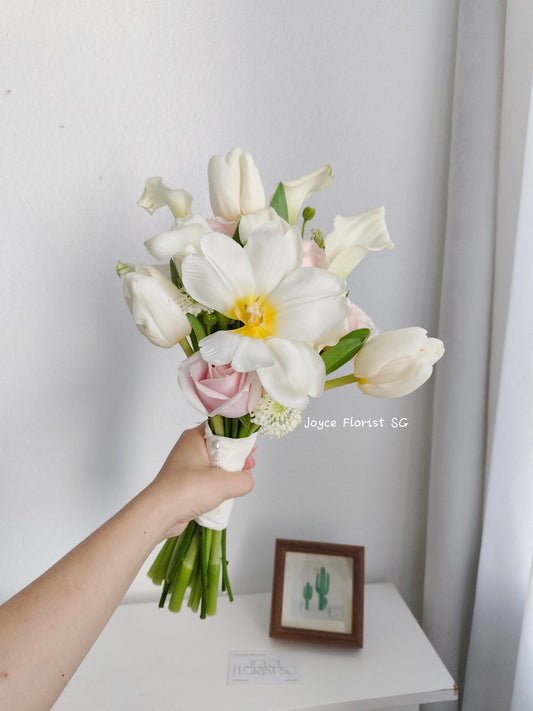 Fresh White Lily & Tulip Bridal Bouquet - Hand-Tied Wedding Flowers