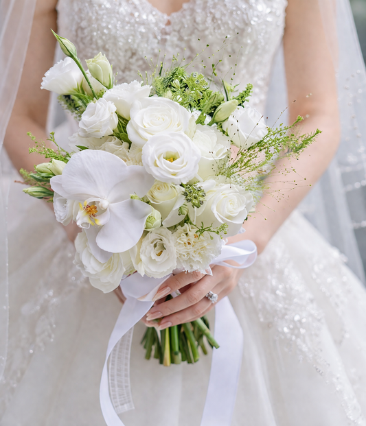 Fresh White Rose, Carnation & Phalaenopsis Bridal Bouquet - Hand-Tied Wedding Flowers