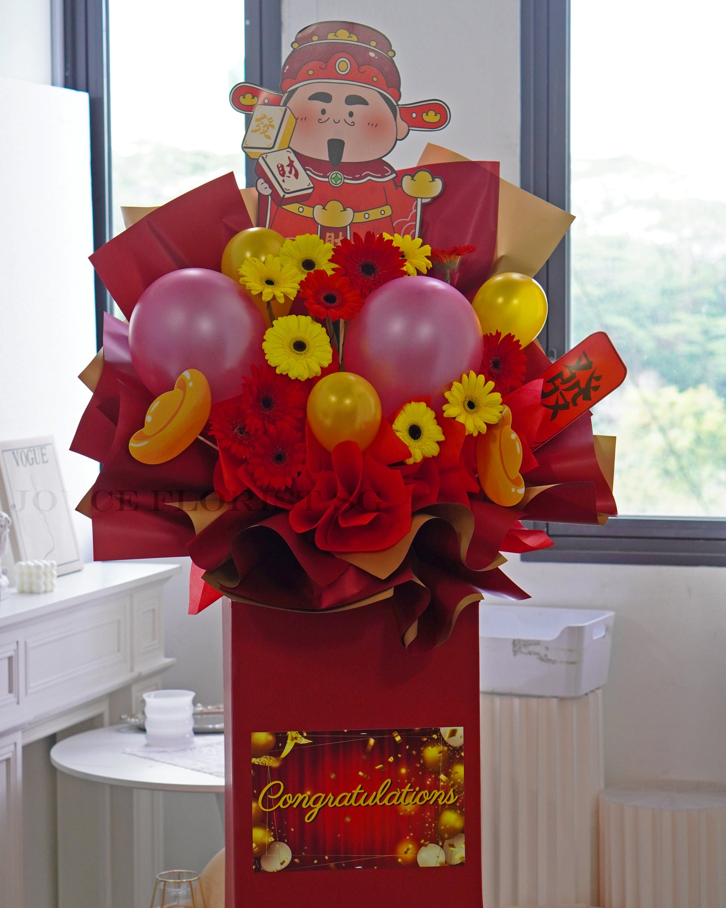 Grand Opening Flower Stand | Red Opening Ceremony Flowers with Balloons | 财源广进 (Wealth Comes In Abundantly)