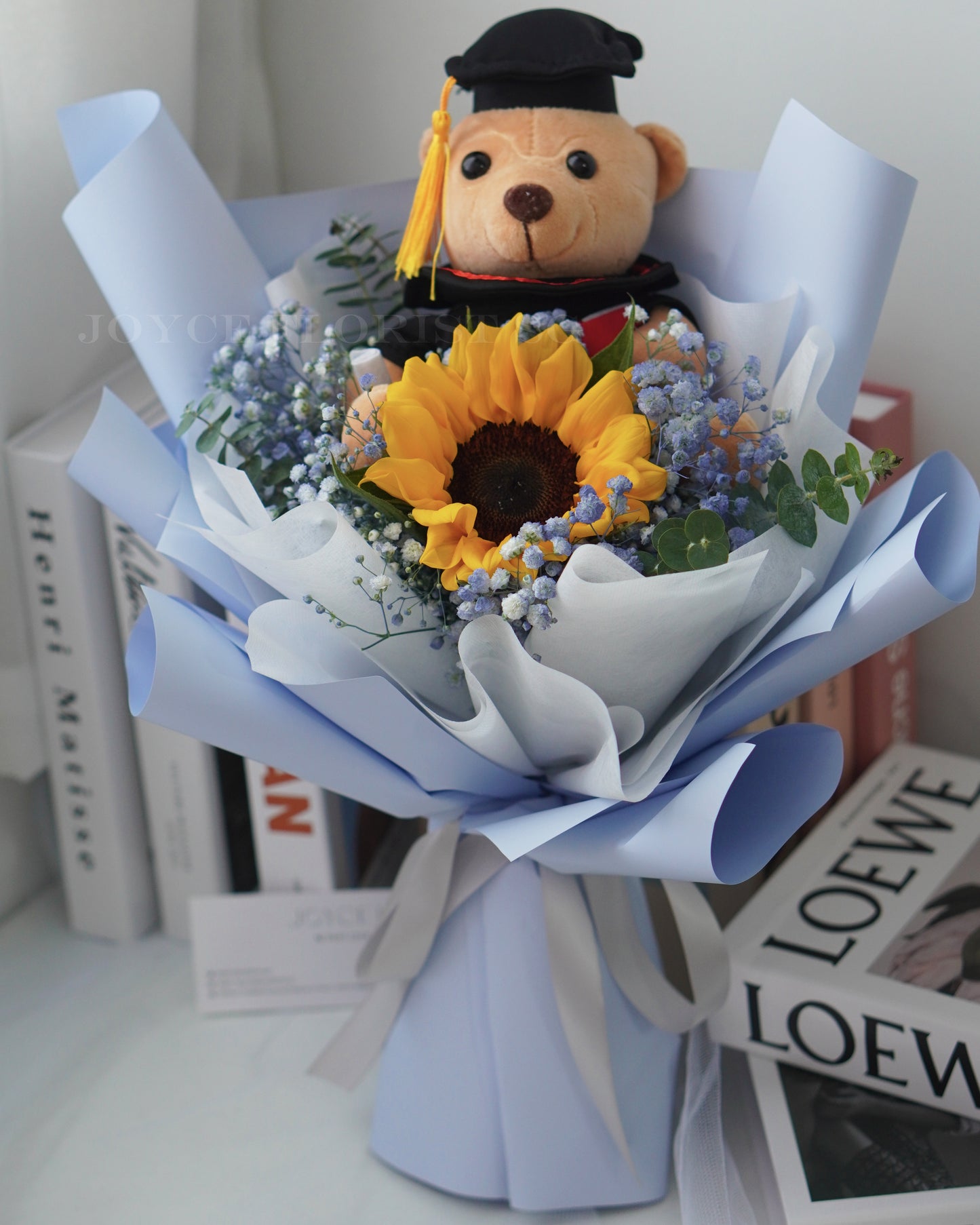 Gypsophila & Sunflower Graduation Bouquet with Bear