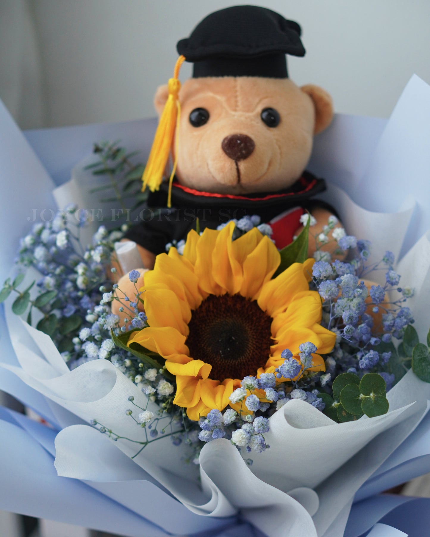 Gypsophila & Sunflower Graduation Bouquet with Bear