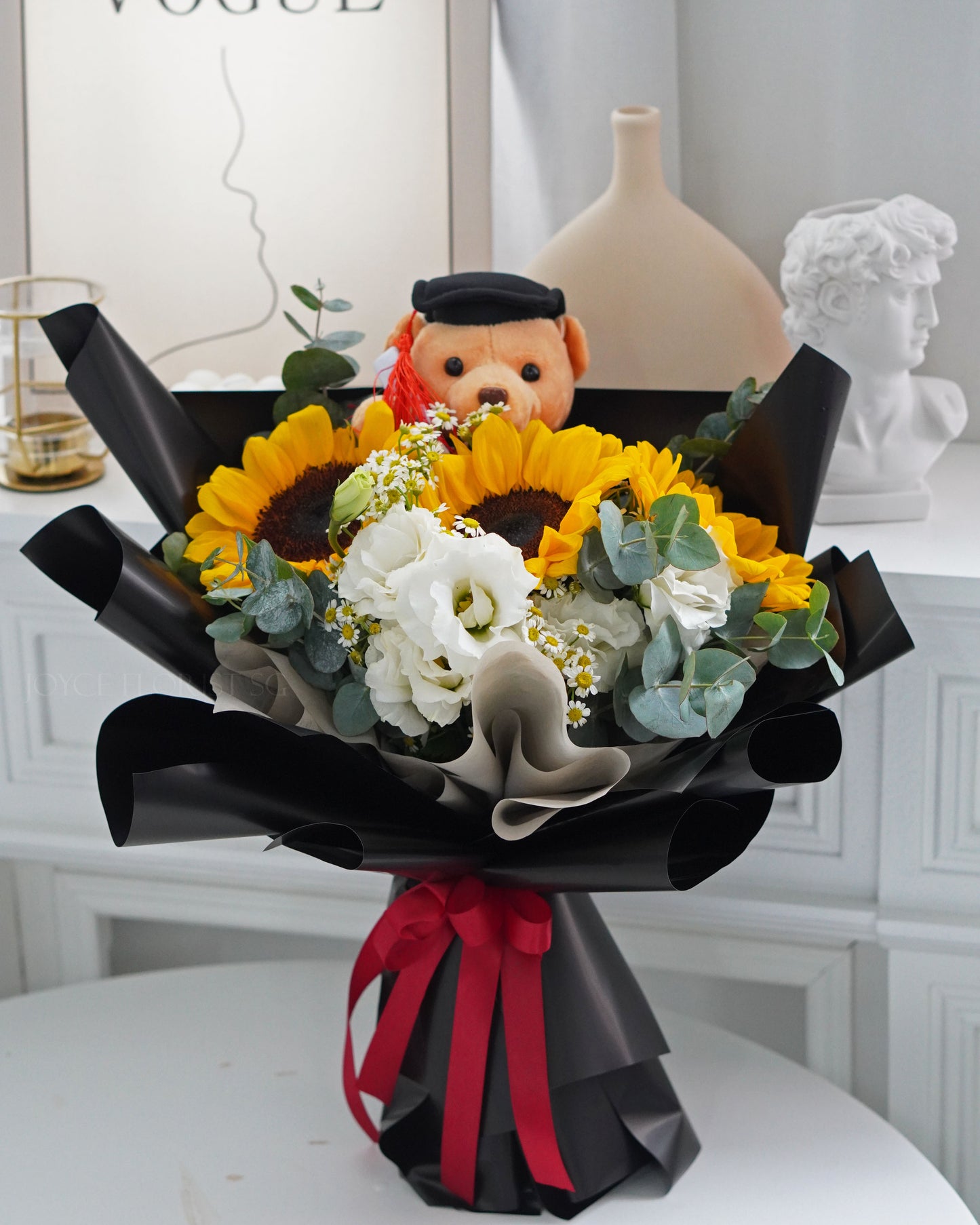Korean Style White Eustomas & Sunflower Graduation Bouquet with Bear (Black Wrapping)