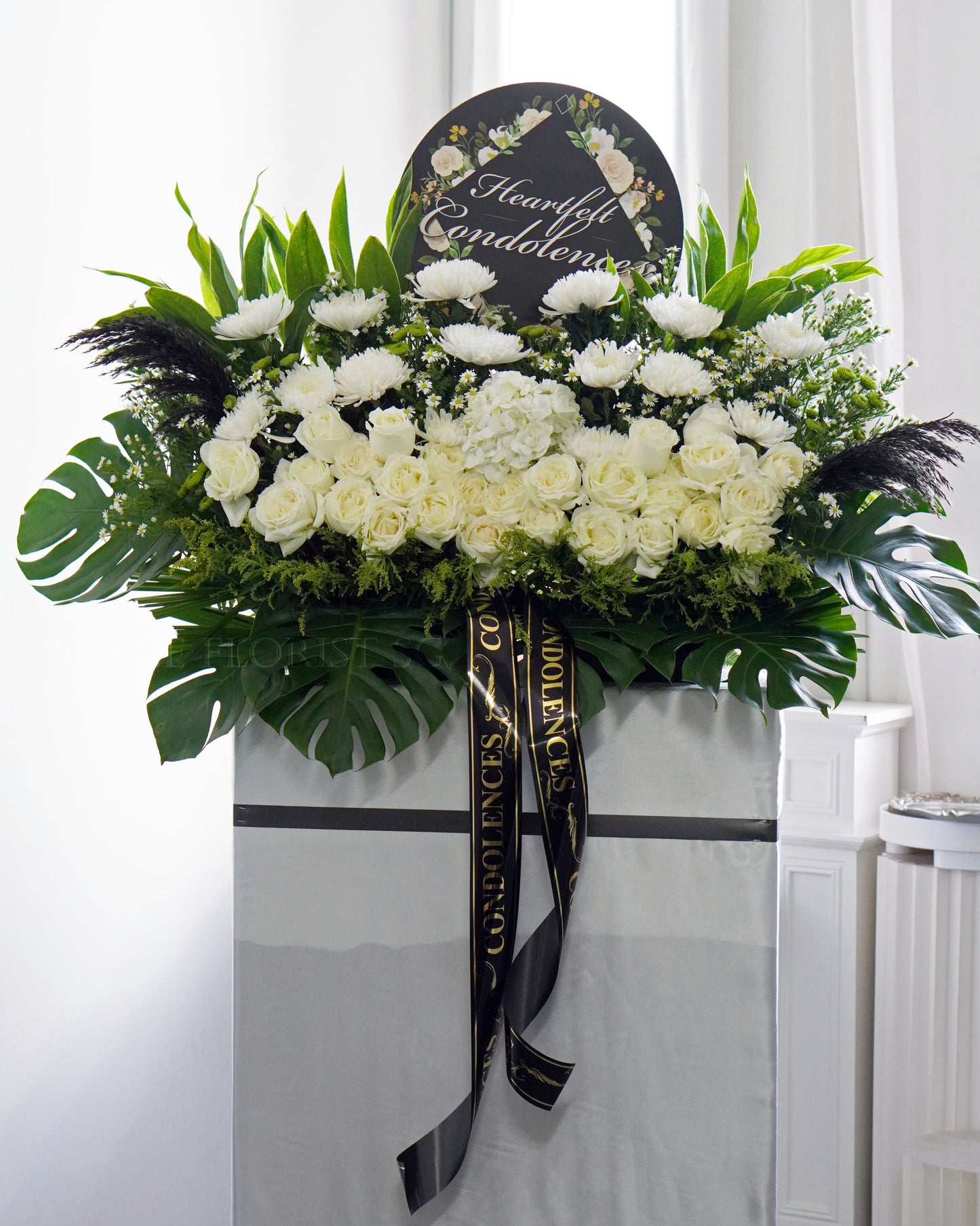 Large Condolence Flower Stand | Sympathy & Funeral Flowers | White Rose & White Hydrangea