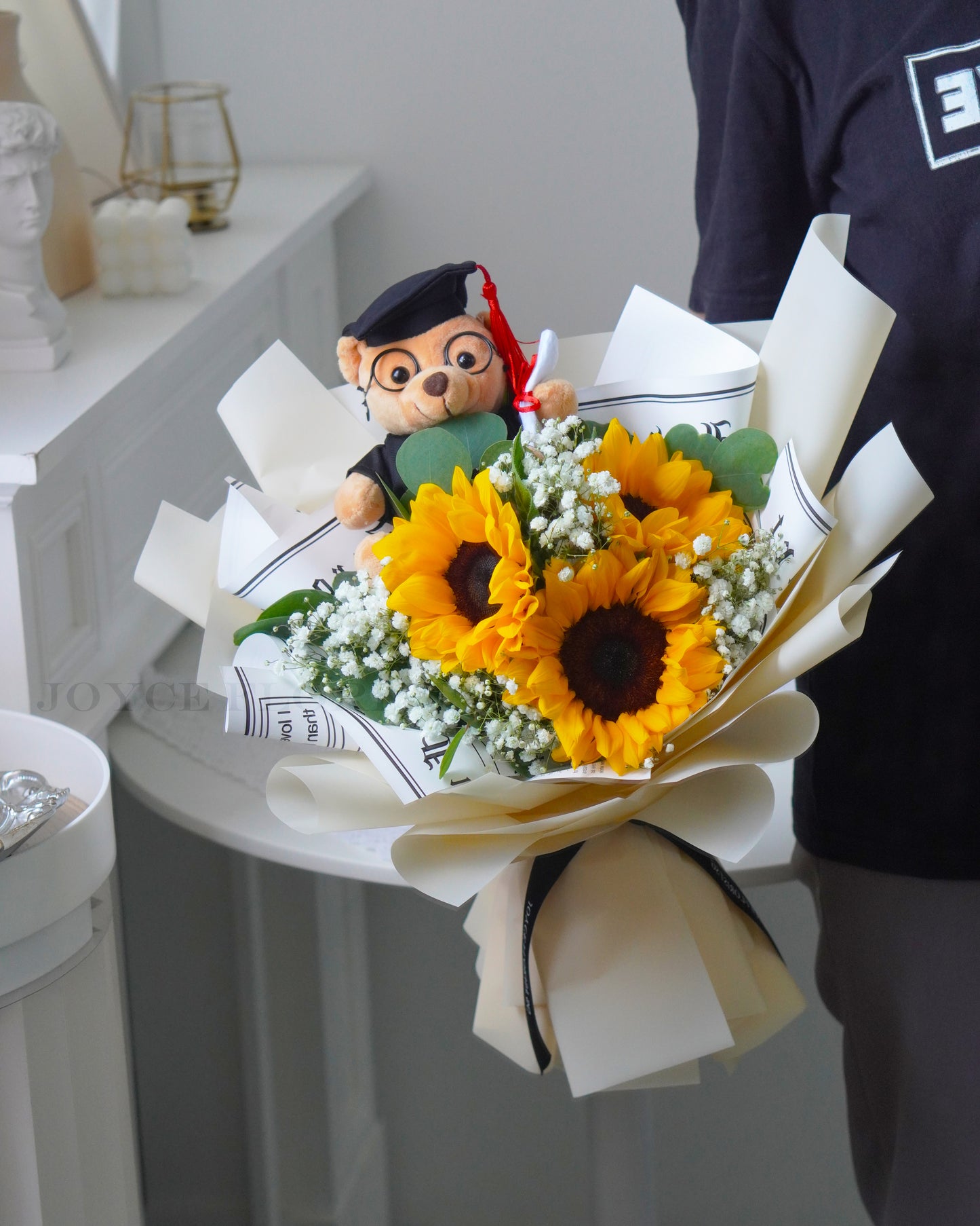 Sunflower & Baby's Breath Graduation Bouquet with Bear (3 Stalks)