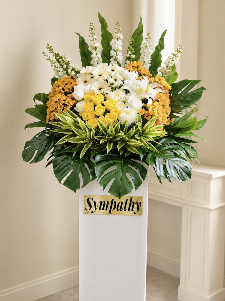 Condolence Flower Stand | Sympathy & Funeral Flowers | Yellow Rose & White Lily