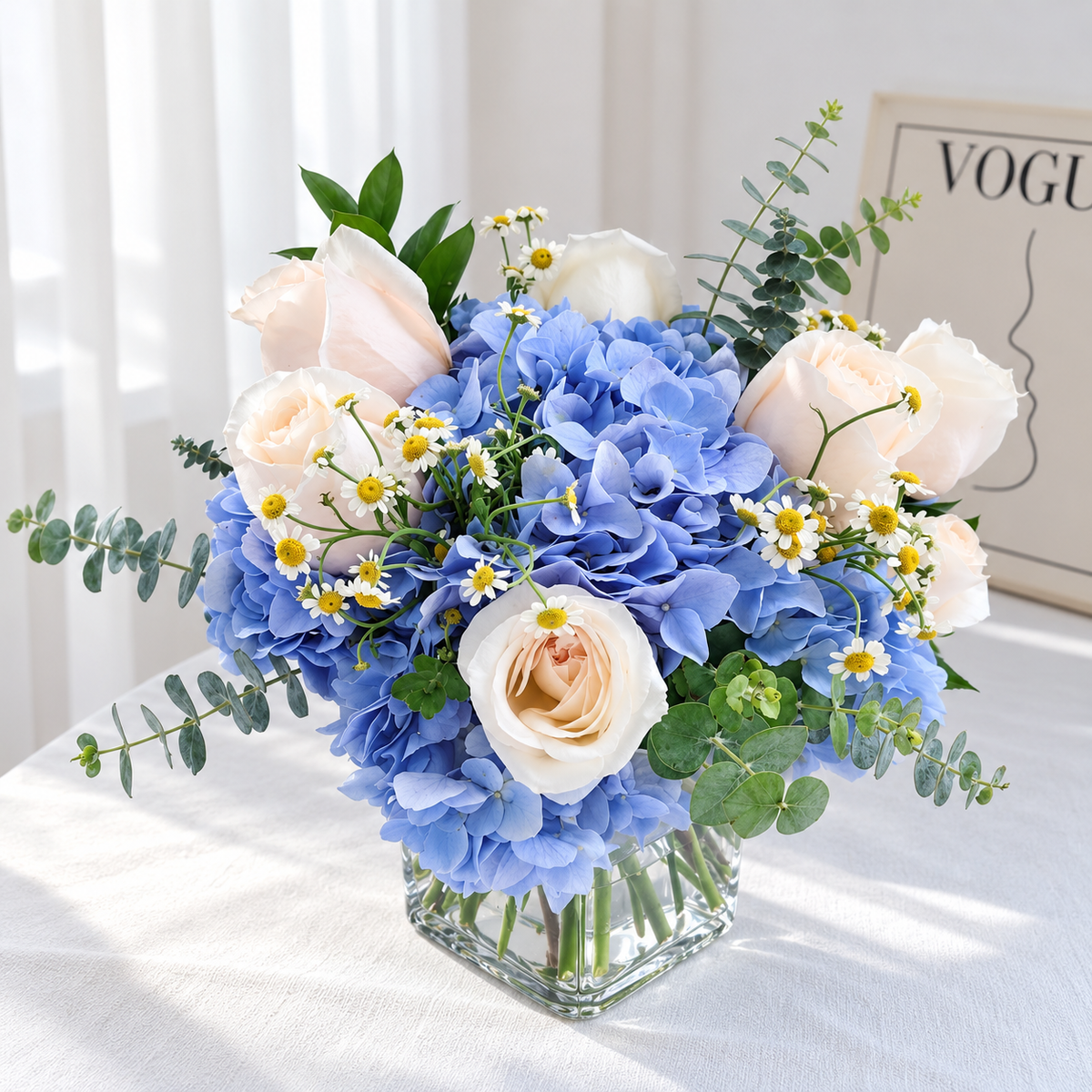 Blue Serenity - Hydrangea & Rose Vase Arrangement
