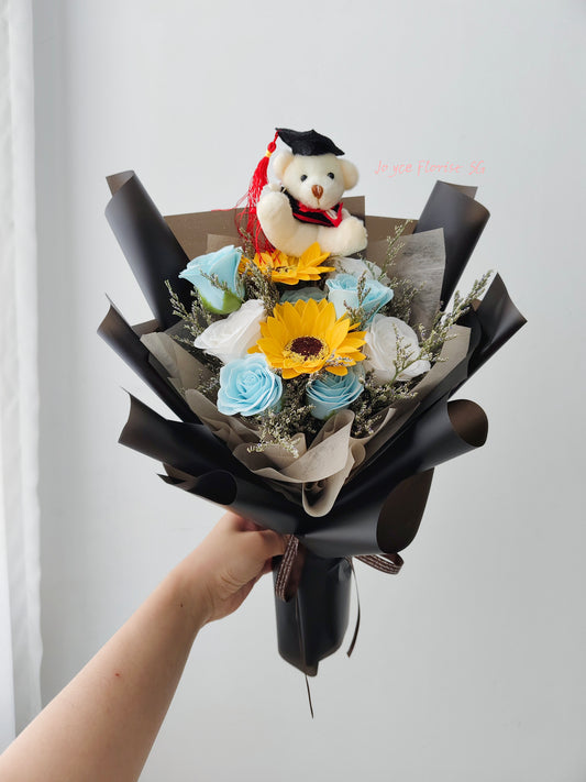 Soap Graduation Flower Bouquet - Blue & White