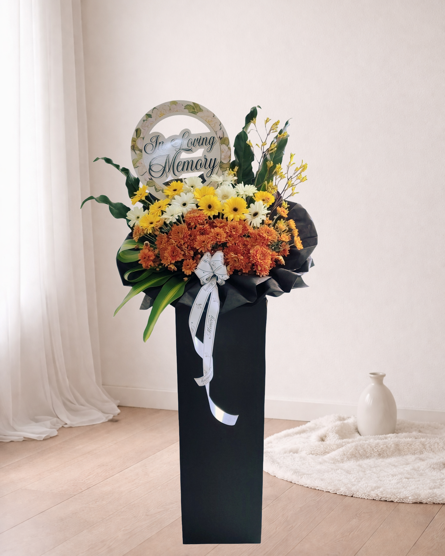 Condolence Flower Stand | Sympathy & Funeral Flowers | Orange Chrysanthemum, Yellow & White Gerbera