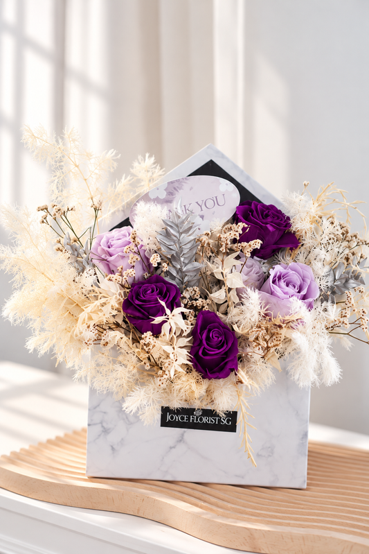 Envelope Floral Arrangement - Preserved Purple Roses
