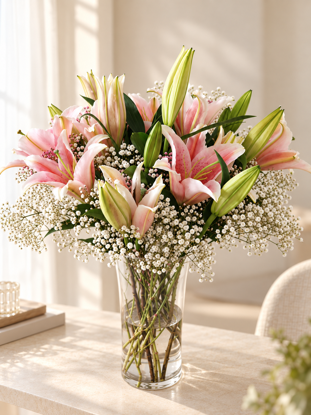 Blush Lily & White Baby’s Breath Vase Arrangement