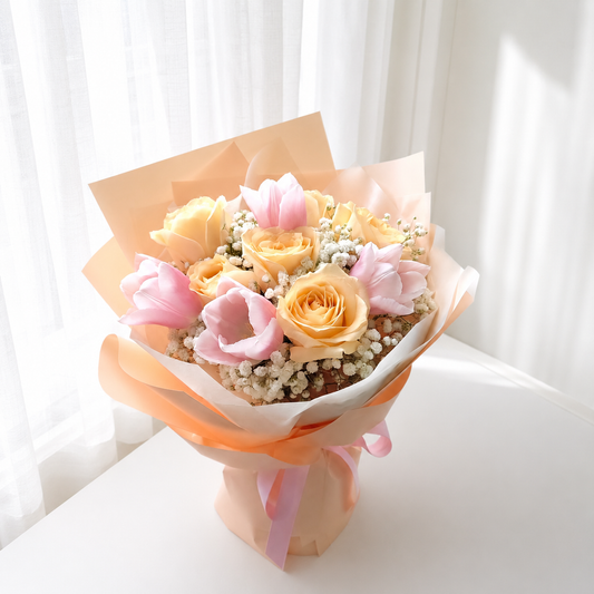 Pink Tulip & Champagne Rose Bouquet