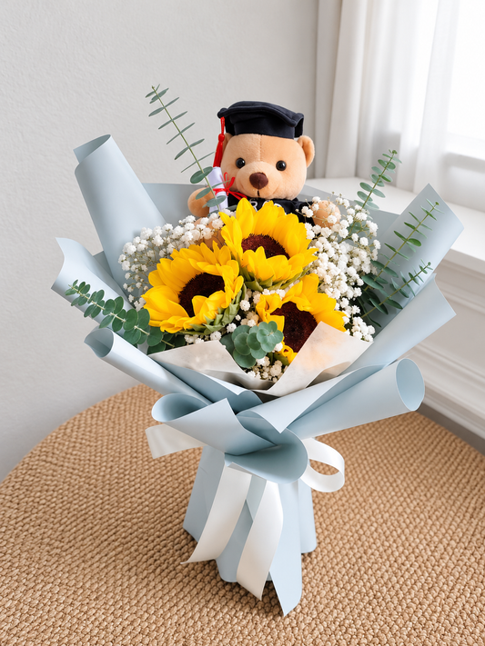 Graduation Bouquet - 3 Sunflower with Graduation Bear