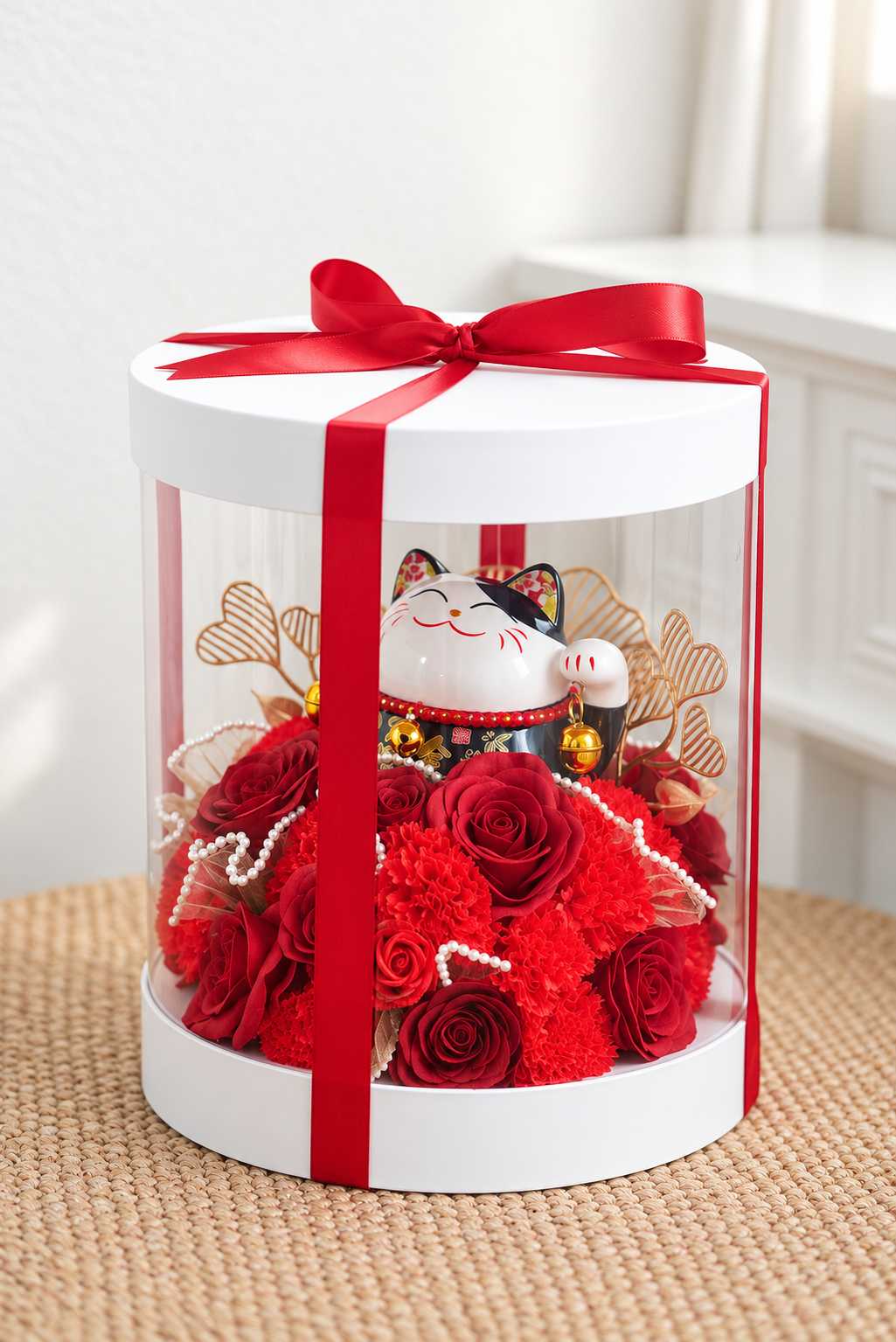 Prosperity Lucky Cat Opening Flower Box - 招财猫 ( Red )