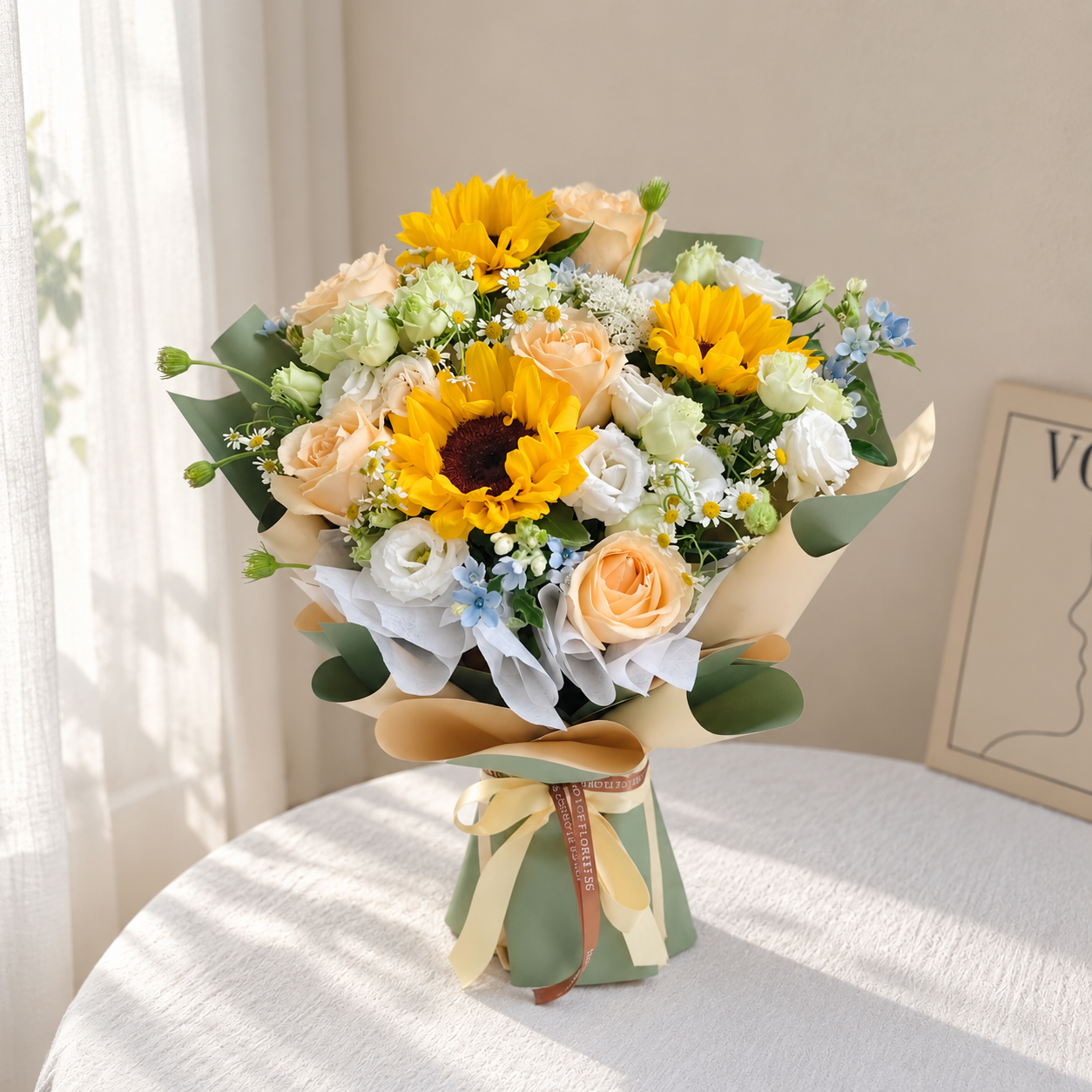 Champagne Rose & Sunflower Fresh flower Bouquet