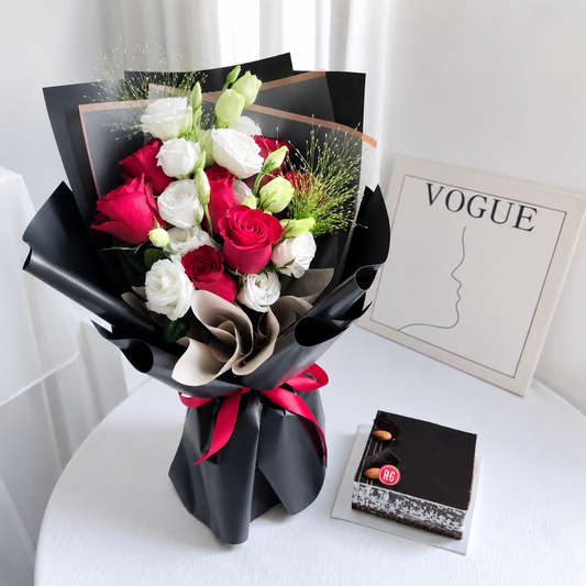 Red Rose Flower Bouquet & Cake