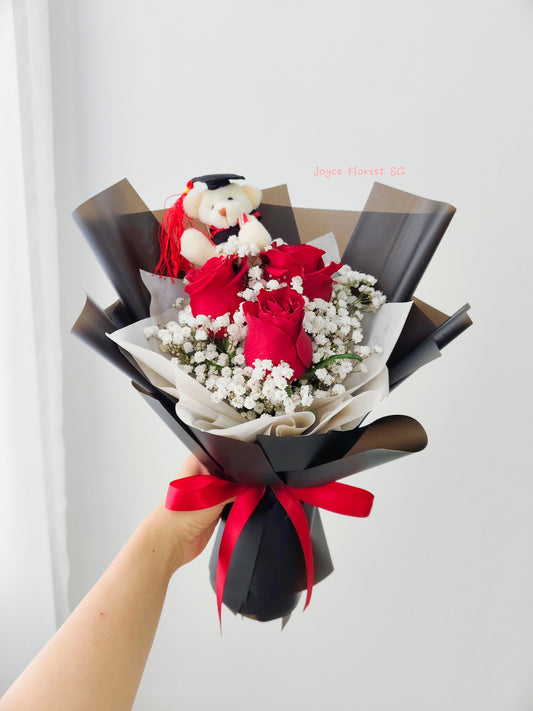 Rose Graduation Bouquet With Bear - 3 Red Roses