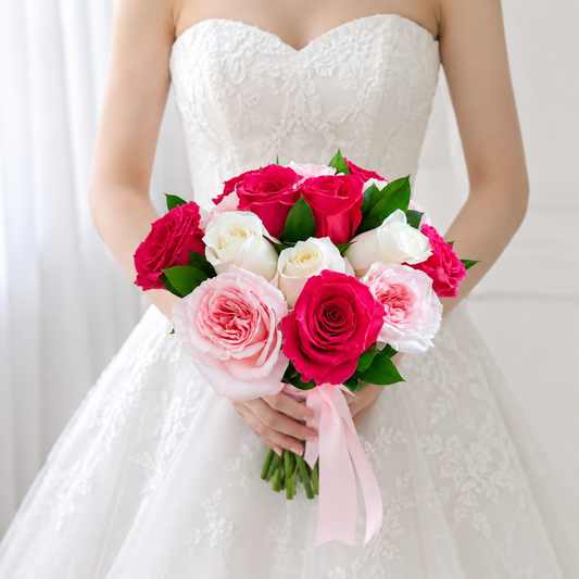 Fresh Pink & White Rose Bridal Bouquet - Hand-Tied Wedding Flowers